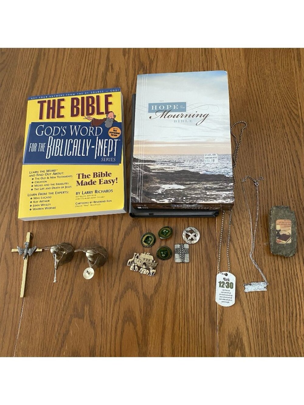 Bible & Religious Lot Include Bibles Cross Necklaces Pins And More